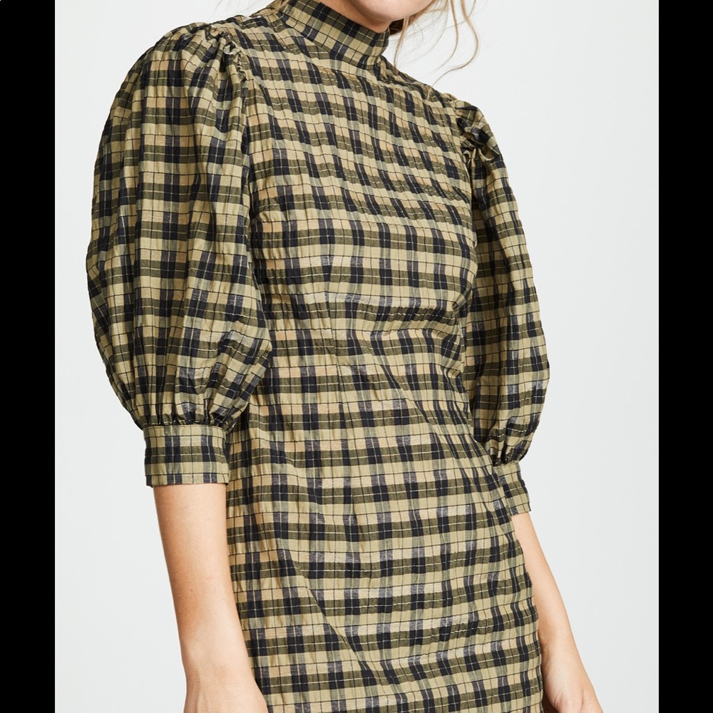 Ganni seersucker puff sleeve check dress sz 36